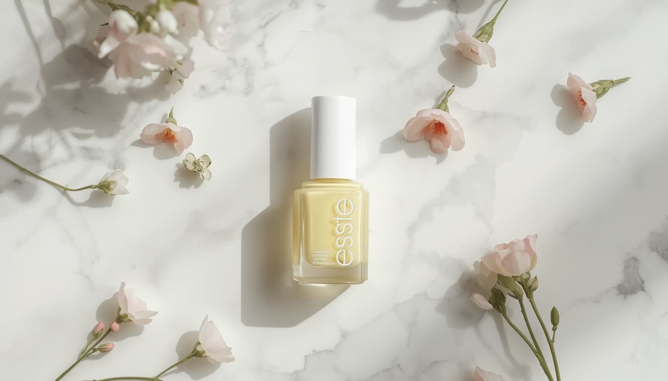 Тренды маникюра 2026 — флакон лака butter yellow и пастельные аксессуары на мраморе